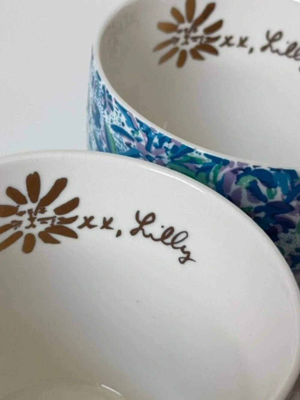 Lilly Pulitzer Set of 2 Floral Ceramic Cup Mug Blue Purple Gold Handle Lion Face